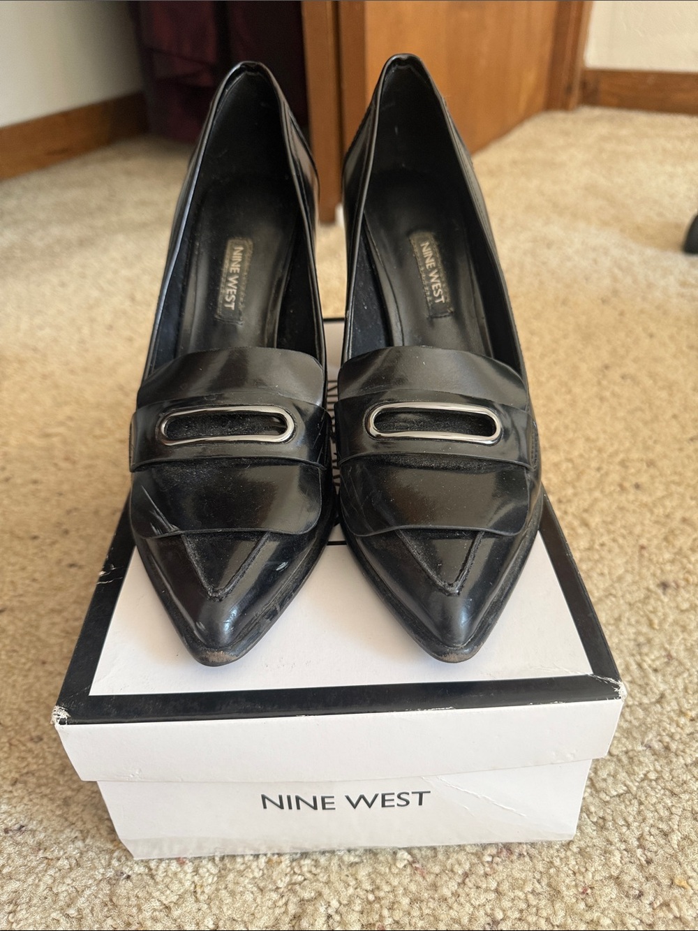 Nine West Black Pointed Patent Loafers with Silver Accent